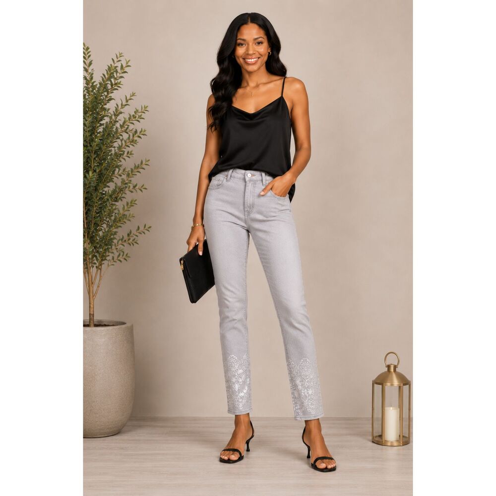 Chico's So Slimming Girlfriend Ankle Jeans Chico 0 Gray Silver Print Stretch